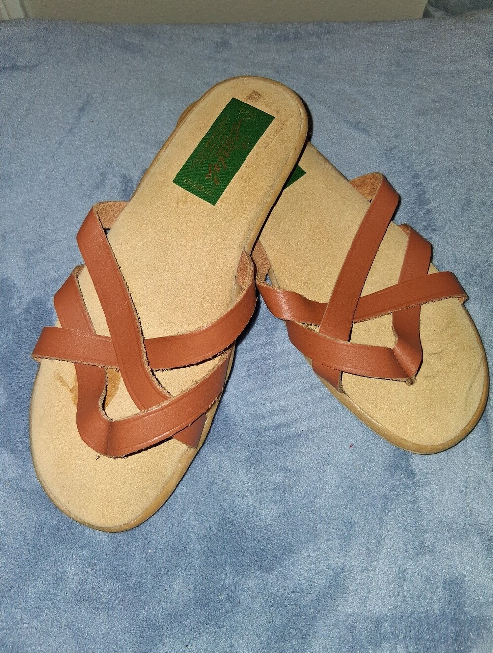 NEW Vintage LEATHER Tan Slip-On Sandals Shoes Made In ITALY Lady's 7